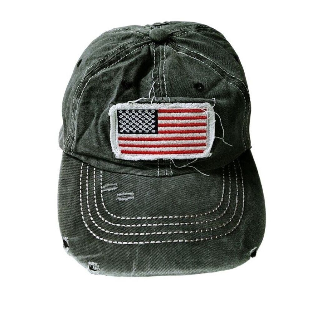 American Flag Cap Gray Distressed Hat Ball Cap Adjustable Back 100% cotton